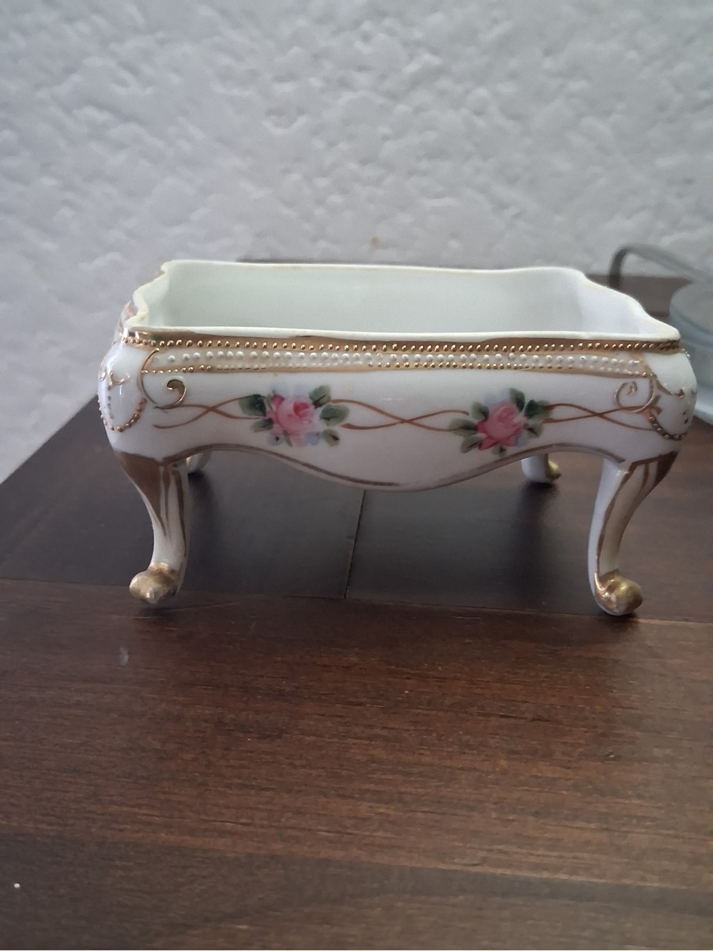 Porcelain Hand Painted Rose Motif - White and Gold trinket box or soap dish